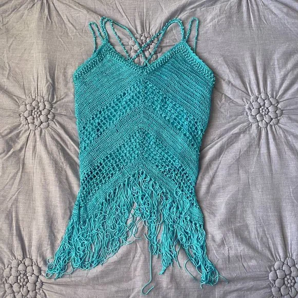 SOLD! 90s/ Y2K Beaded Blue Boho Tank Top with Fringe - Picture 4 of 8